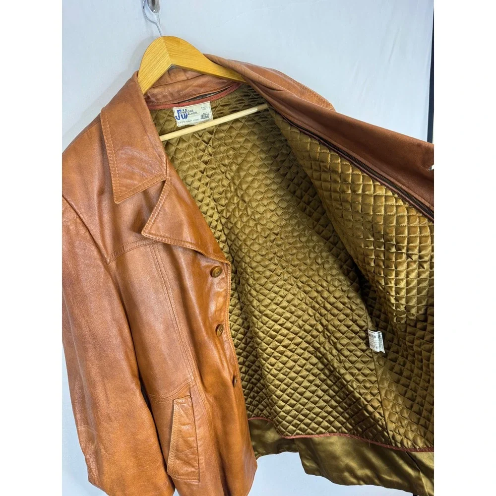Vintage Johnstone Walker Mens Brown Leather Blazer Jacket Quilted Liner 48 XL